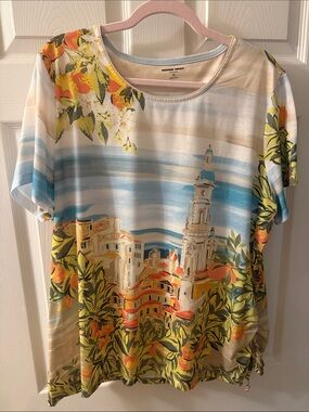 Allison Daley Coastal Village Print Short Sleeve Top - Blue, Yellow, Orange